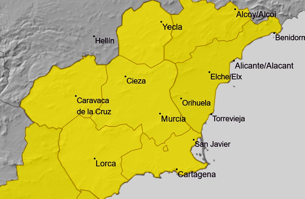 Toda la Regin de Murcia permanece en aviso amarillo por lluvias y tormentas este jueves
